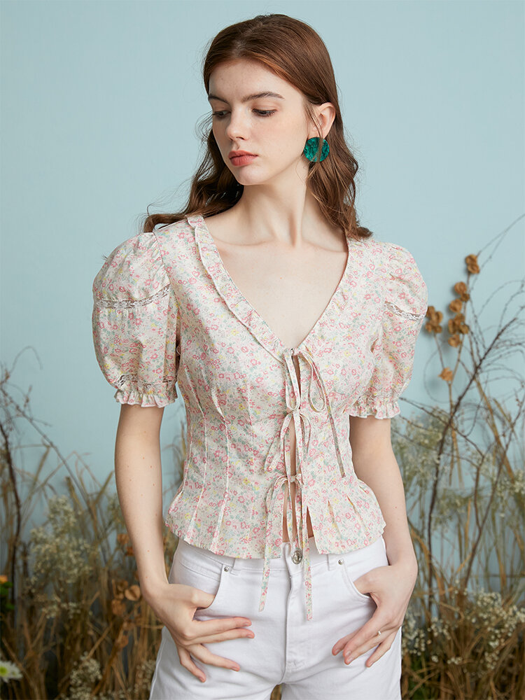 Floral Print Knotted Puff Sleeve V-neck Pleated Blouse