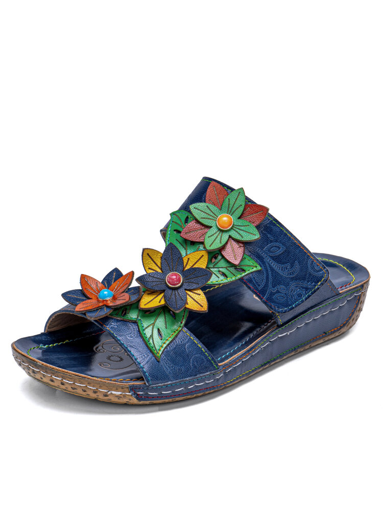Socofy Leather Cozy Beach Vacation Floral Backless Flat Sandals