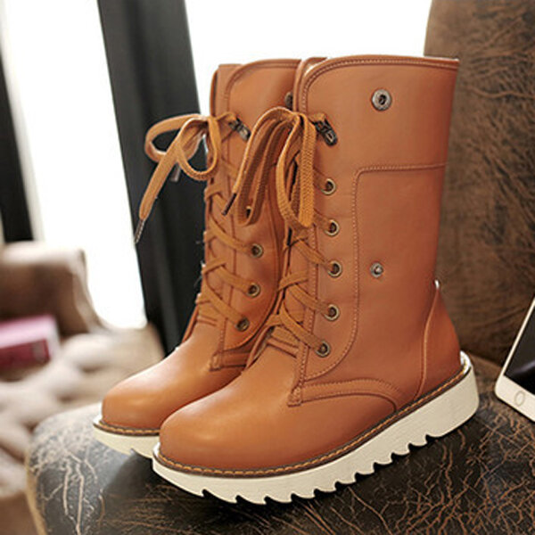 Big Size Multi-Way Button Warm Fur Lining Lace Up Flat Boots
