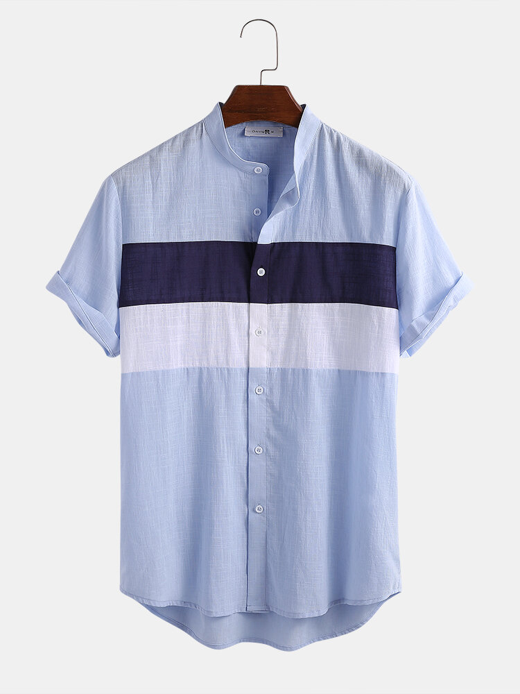 Mens 100% Cotton Light Breathable Color Block Patchwork Short Sleeve Shirt