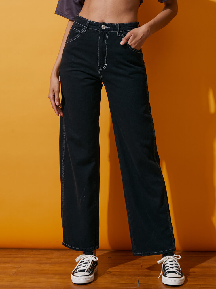 Einfarbige Denim-Jeans mit Knopfleiste und geradem Bein und Reißverschluss vorne