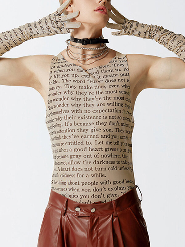 Mens Letter Print Mesh Tank With Gloves