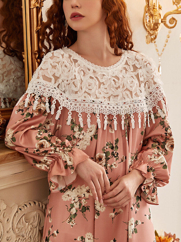 Women See Through Stitching Tassel Floral Print Flounce Sleeve Cotton Ruffle Nightdress
