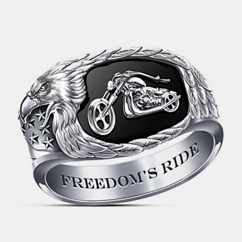 

Punk Carved Eagle Beak Wings Stars Stripes Ring Motorcycle Pattern Men Ring Jewelry, Silver