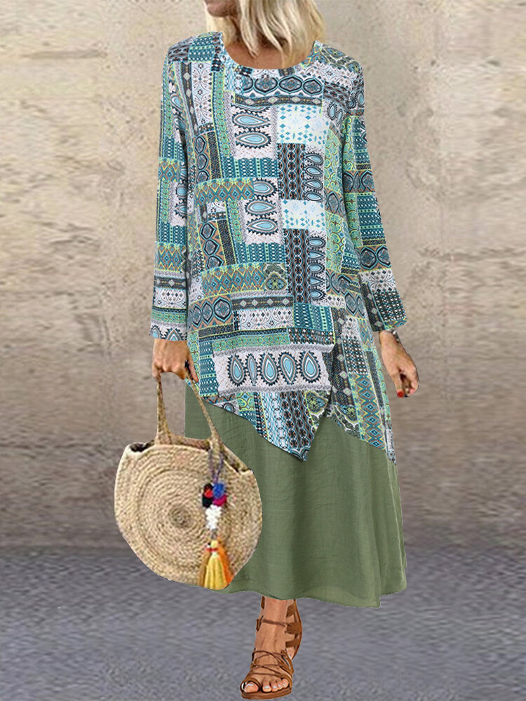 Vintage Print Patchwork Long Sleeve Plus Size Dress with Pockets