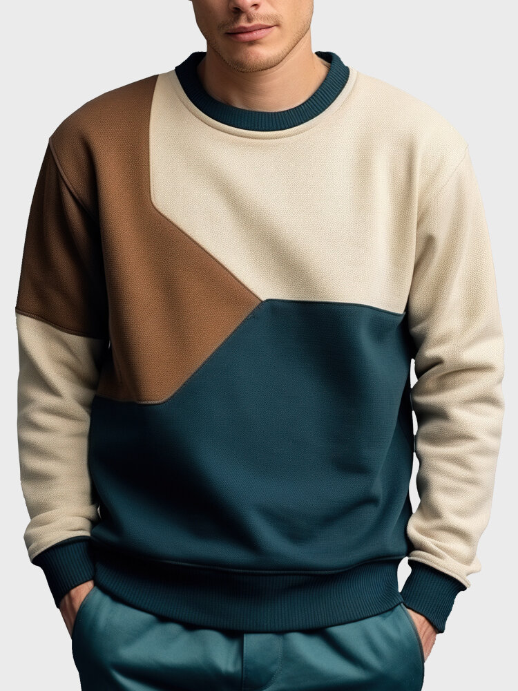 Mens Irregular Color Block Patchwork Crew Neck Pullover Sweatshirts