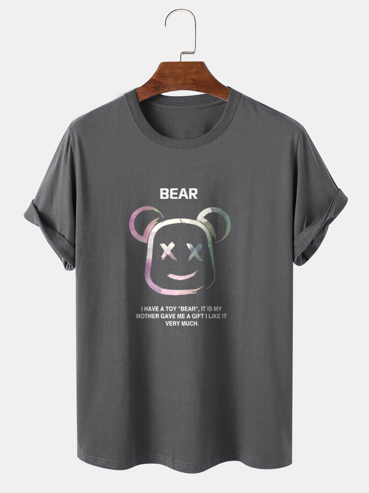 Mens Letter Bear Graphics 100% Cotton Short Sleeve T-Shirt