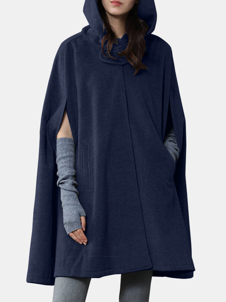 Solid Color Button Long Sleeve Casual Cape Coat for Women