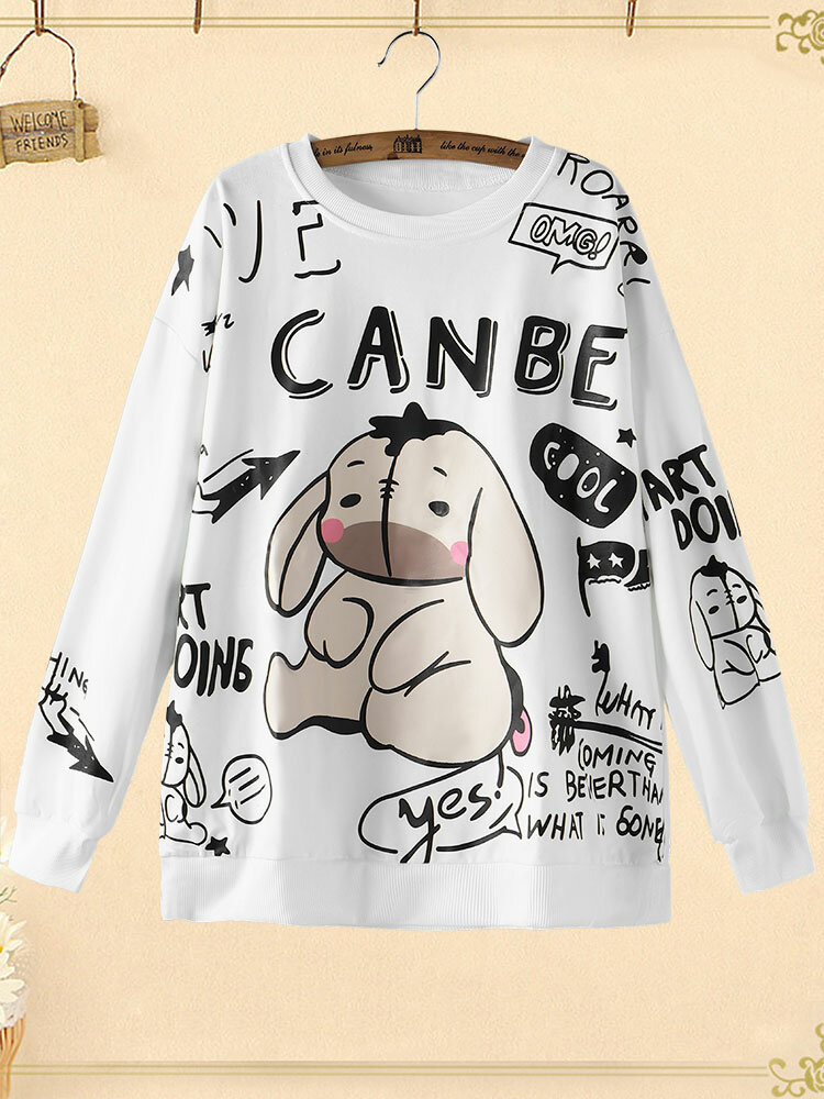Cartoon Animal Letters Print Long Sleeve Plus Size Sweatshirt