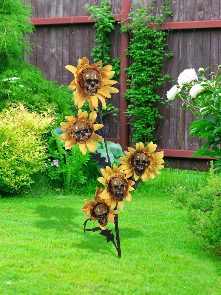 

1 PC Simulated Skull Head Sunflower Garden Statue Resin Craft Scary Flower Ornaments For Patio Lawn Yard Halloween Decor