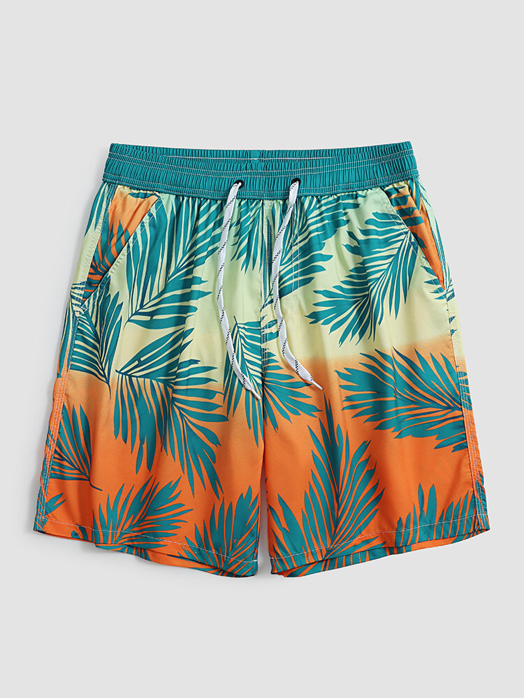 Men Ombre Tropical Leaf Graphic Drawstring Hawaii Style Cool Board Shorts