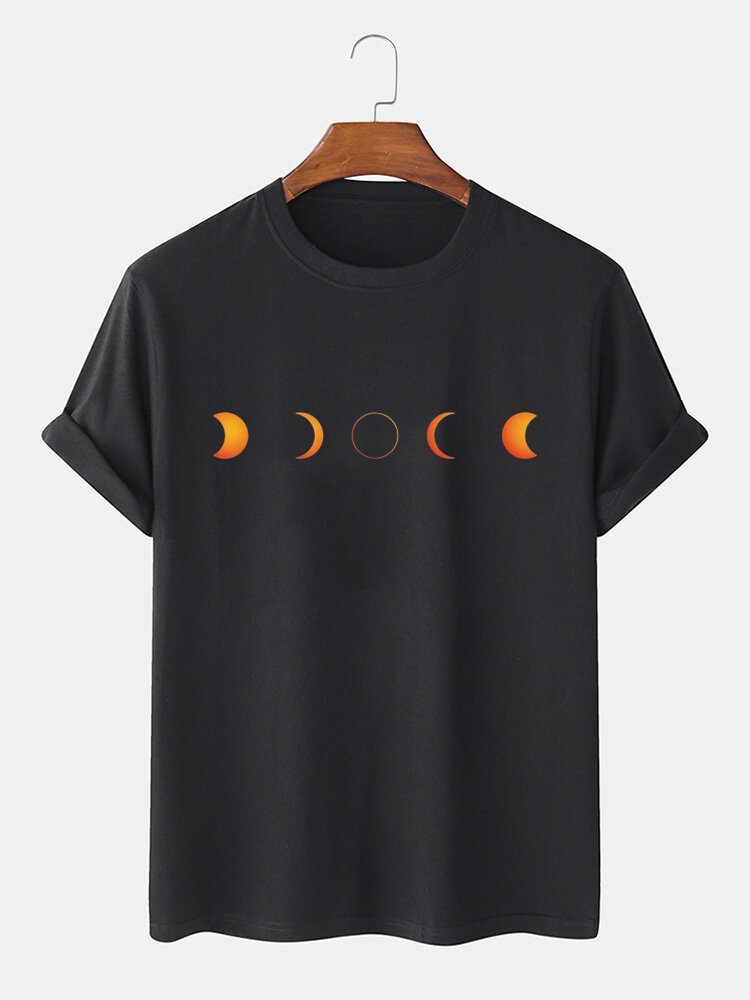 Mens Solid Color Moon Pattern Print Cotton Loose Light O-Neck T-Shirts