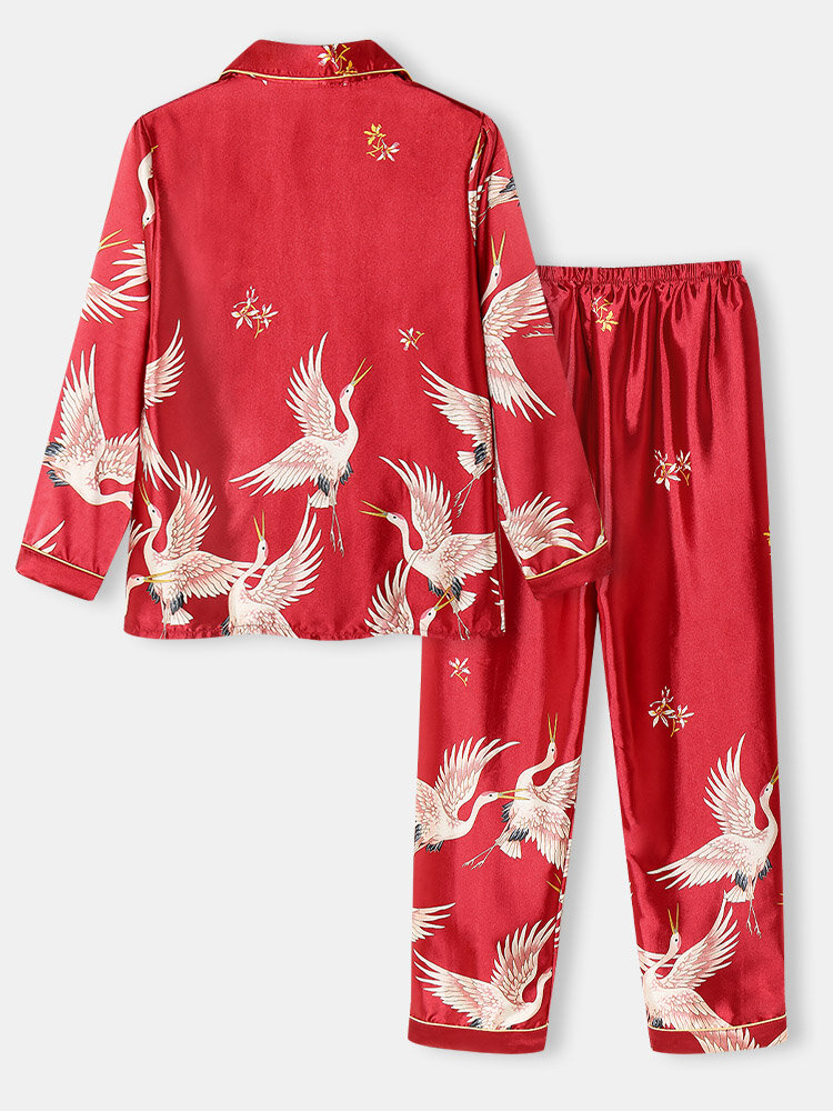 Plus Size Women Crane Pattern Revere Collar Ice Silk Home Pajama Sets