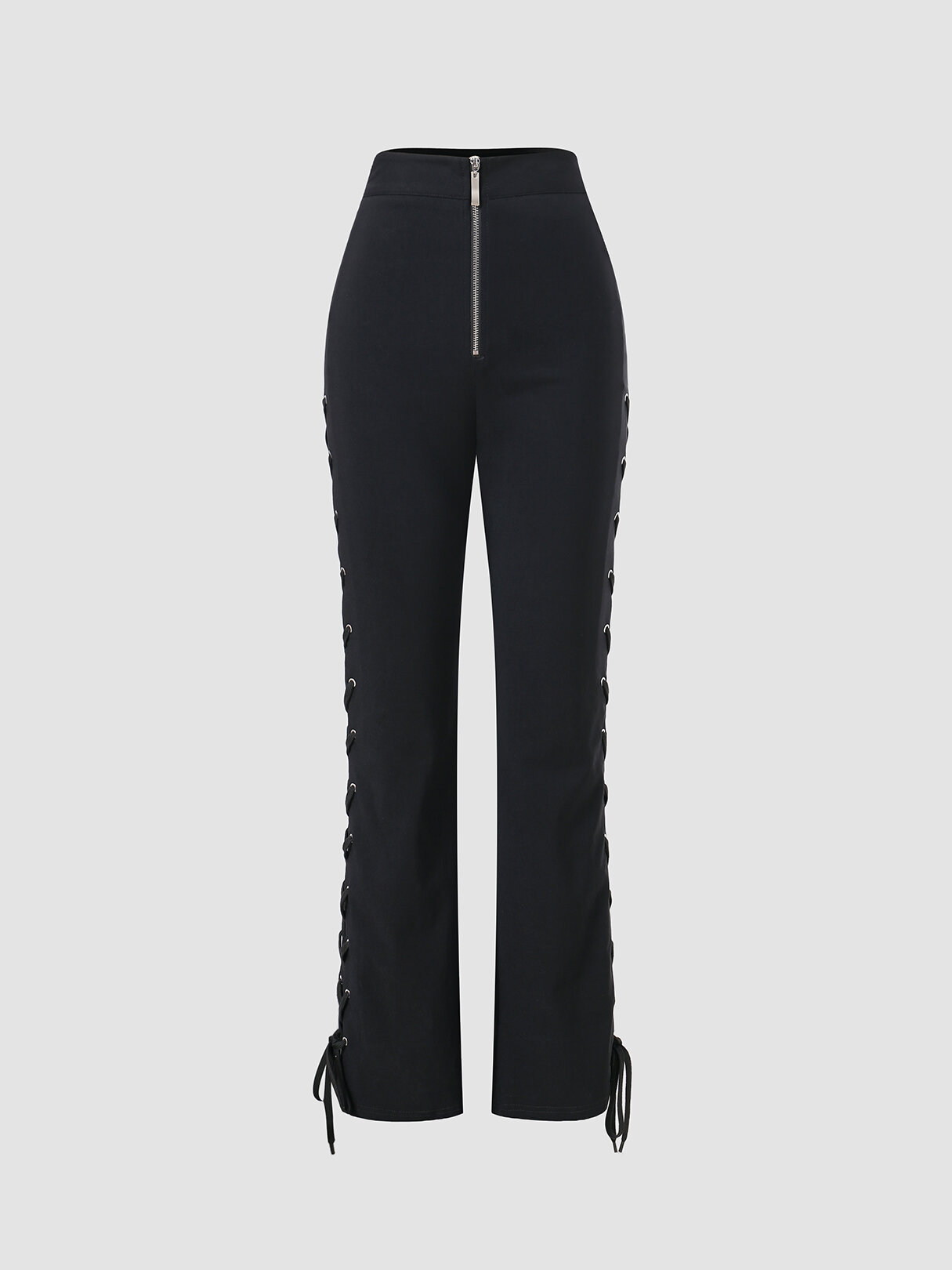 Solid Two Sides Lace Up Hollow Zip Front Pants