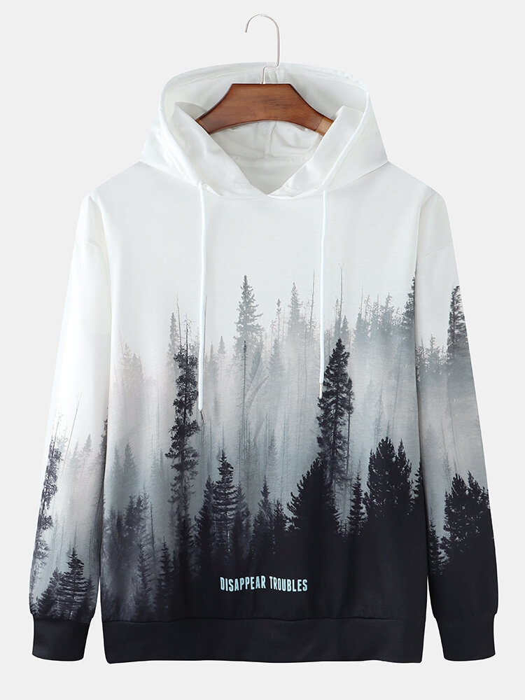 Mens Forest Scenery Print Casual Drawstring Pullover Hoodie