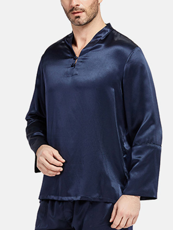 Mens Satin Silk Plain Pajamas Shirts Nightwear Long Sleeve V Neck Soft Smooth Sleep Shirts Tee Tops