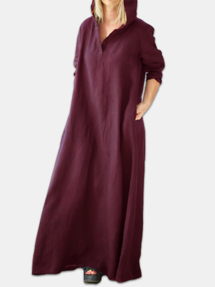 Vintage Solid Color Hooded Plus Size Maxi Dress