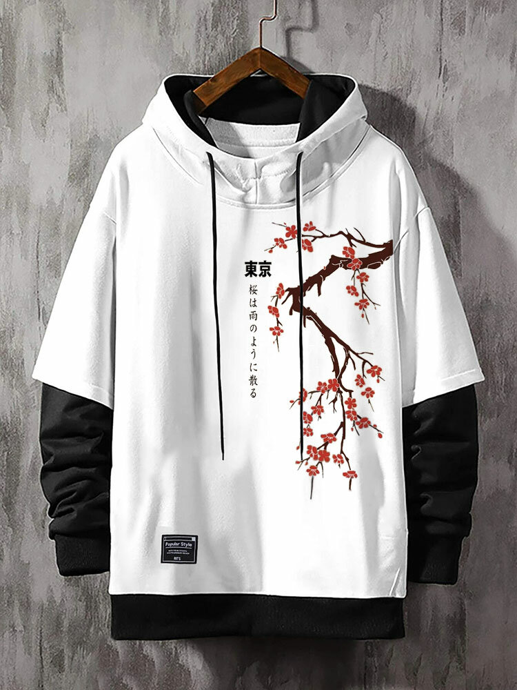 Mens Japanese Cherry Blossoms Print Contrast Patchwork Drawstring Hoodies Winter