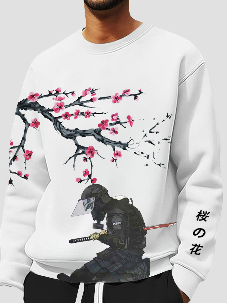 Mens Japanese Cherry Blossoms Figure Print Crew Neck Pullover Sweatshirts
