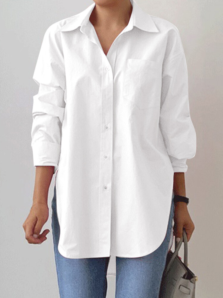 

Solid Lapel Long Sleeve Slit Hem Button Shirt, White;pink;khaki
