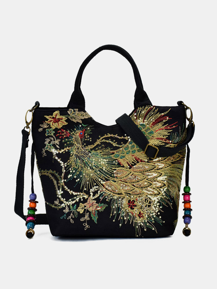 Women Ethnic Embroidered Canvas Peacock Handbag Crossbody Bag