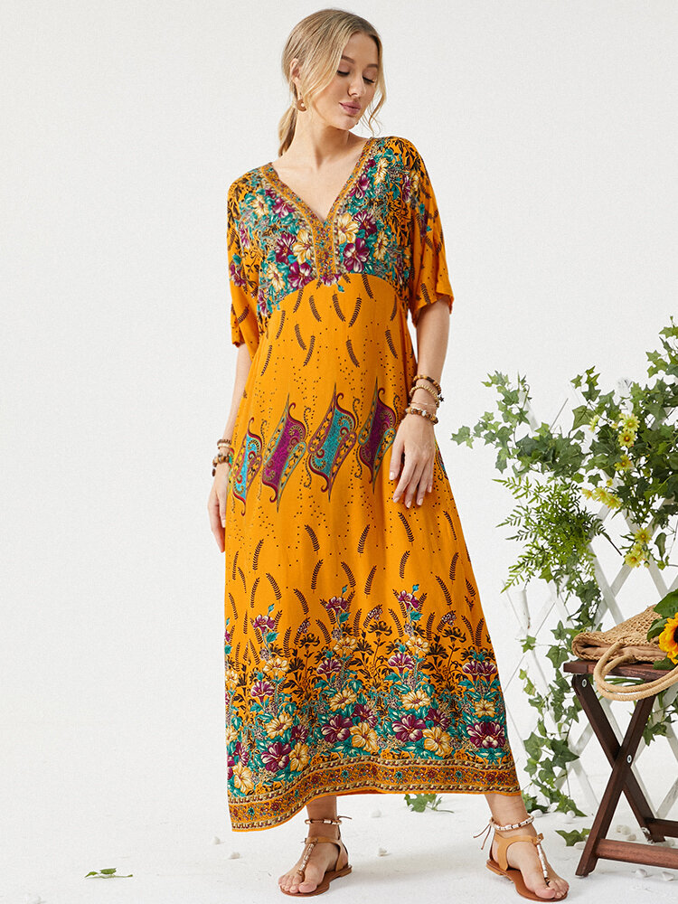 Bohemian Ethnic Floral Print Pocket Half Sleeve Casual Dress