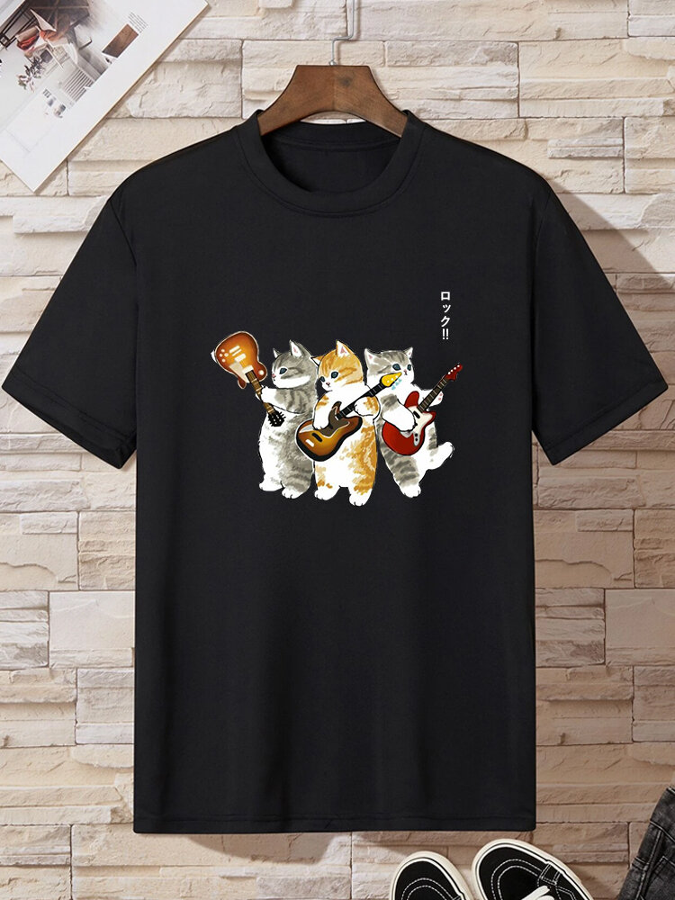 T-shirts à manches courtes et col rond pour hommes, imprimé chat japonais et guitare