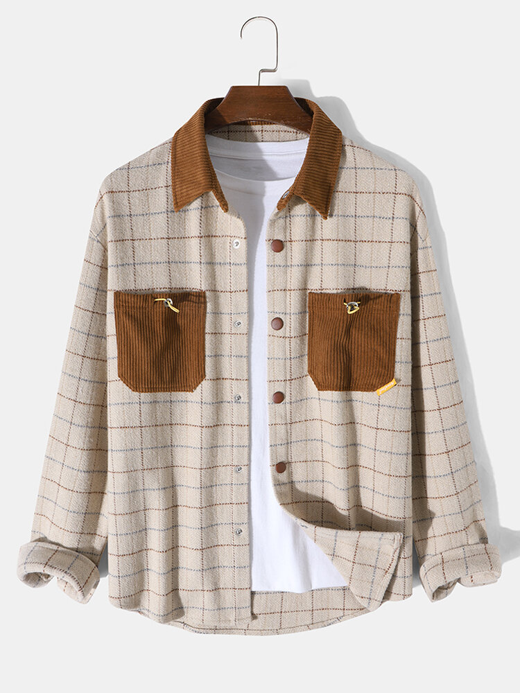 

Mens Check Contrast Pocket Patchwork Corduroy Snap Button Shirt Jacket, Apricot