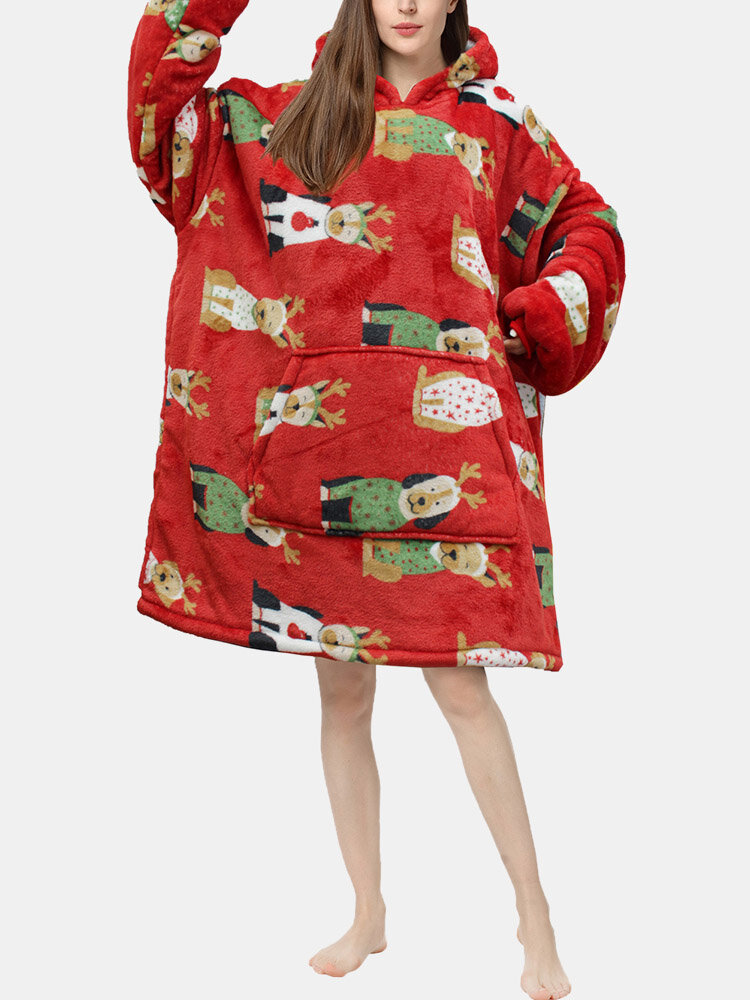 

Women Christmas Cartoon Animal Print Flannel Fleece Lined Oversized Warm Blanket Hoodie, Red