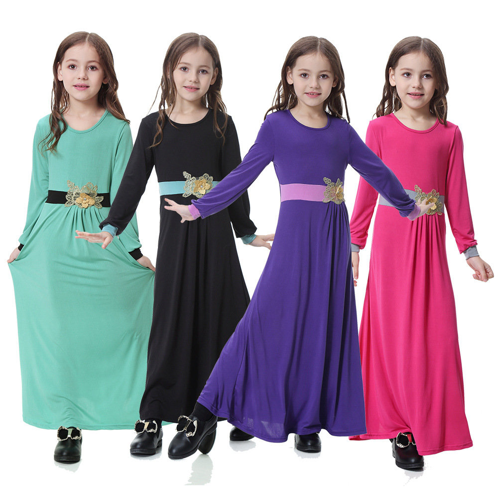 Girls Maxi School Dress Kids  Long Sleeve Holiday Abaya Islamic Top Belt 7 to 13