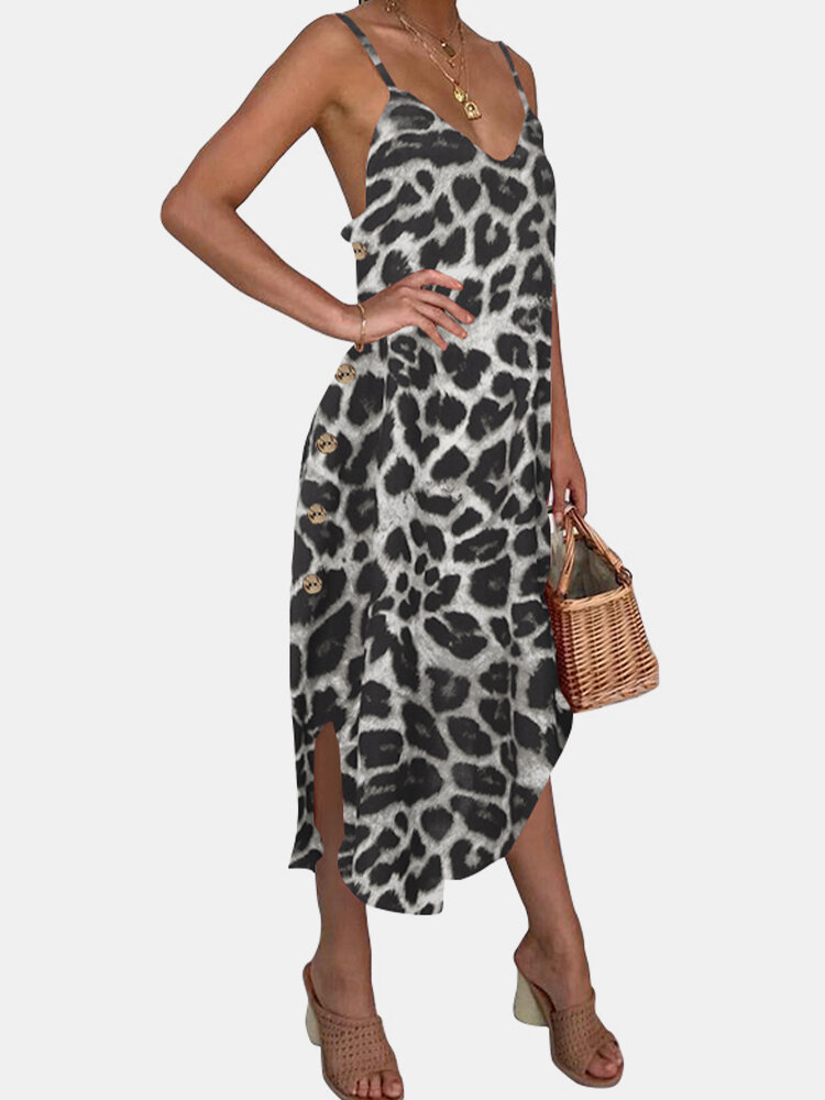 Sexy Leopard Print Strap Sleeveless V-Neck Button Asymmetrical Dress 