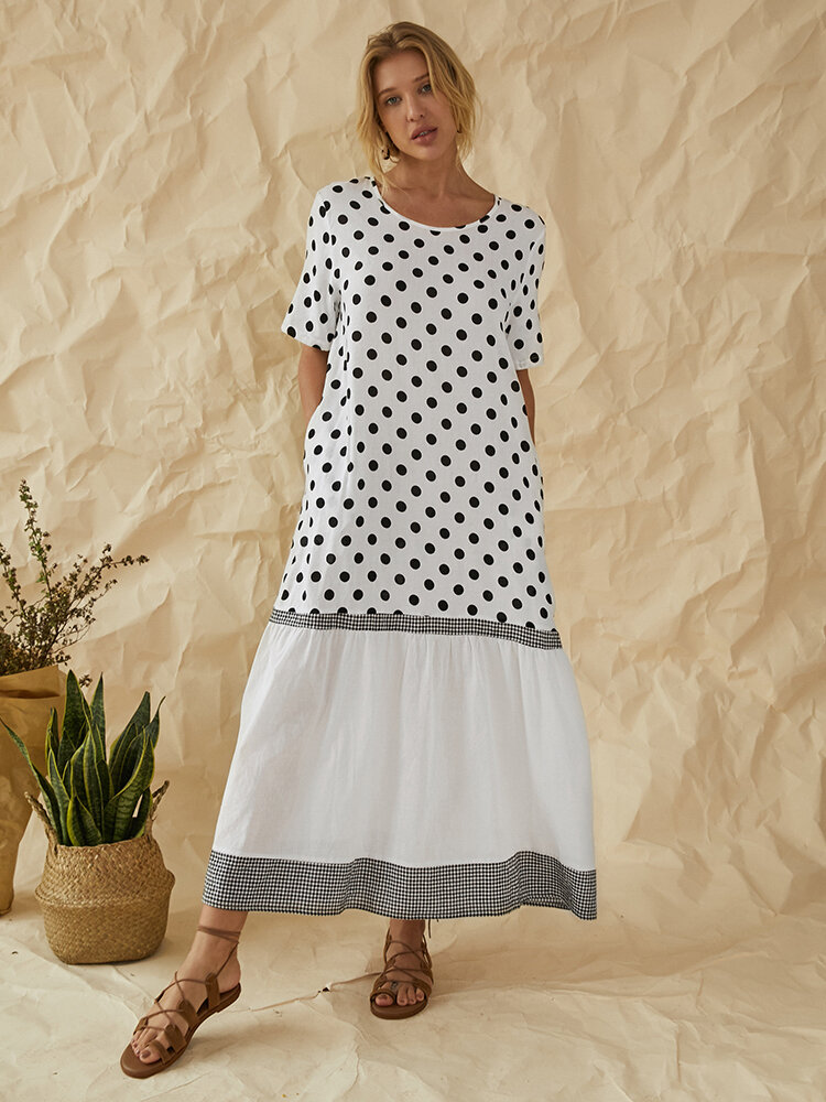 Polka Dot Plaid Patchwork Printed Maxi Dress With Pocket