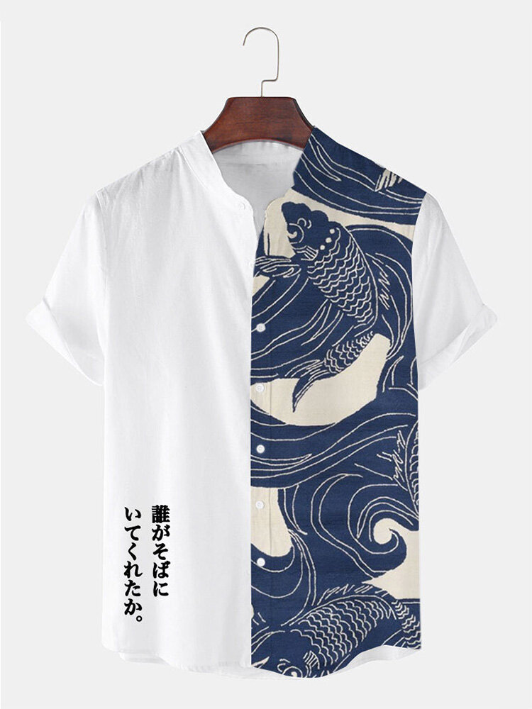 Mens Japanese Carp Print Patchwork Stand Collar Camisas de manga curta