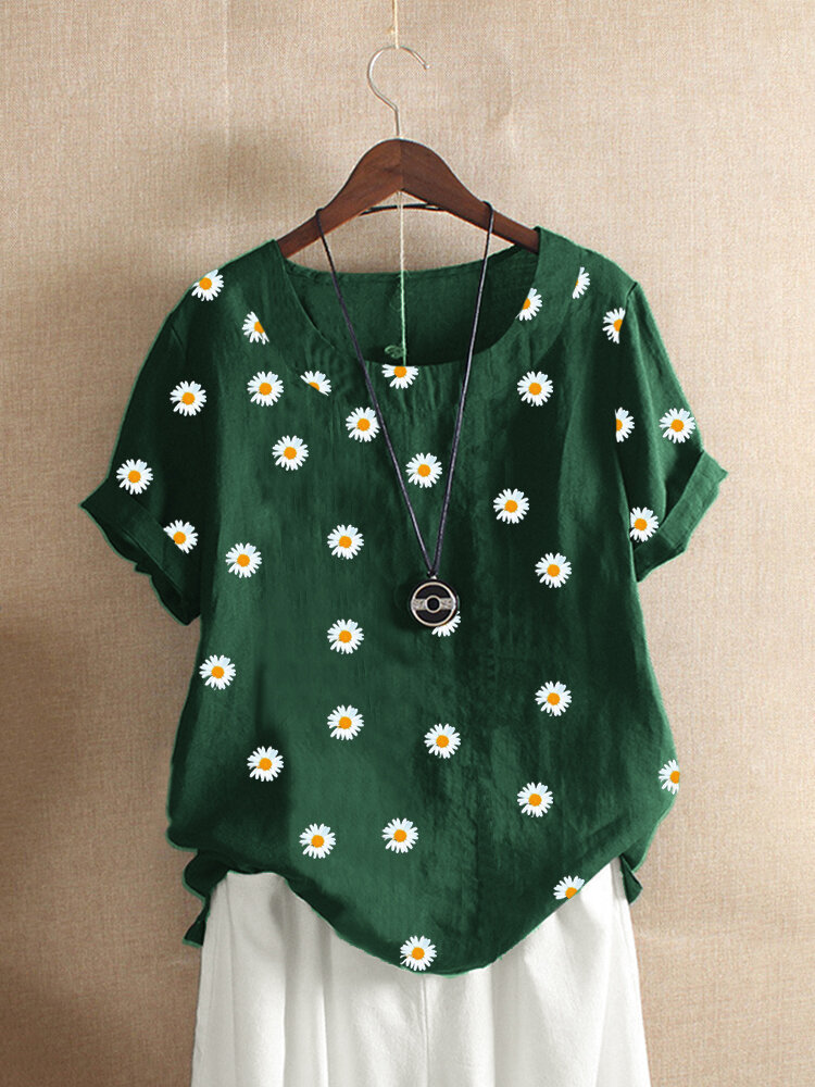 Gänseblümchen-Blumendruck-Kurzarm-T-Shirt mit O-Ausschnitt für Damen