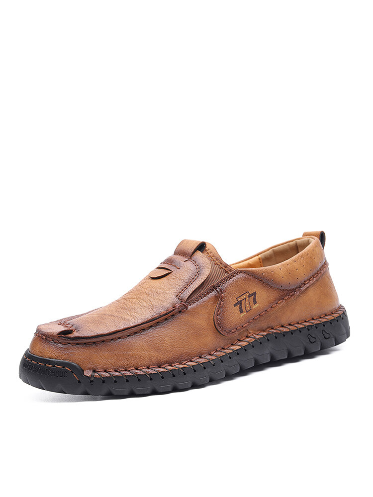 Men Comfy Slip-on Round Toe Hard Wearing Hand Hand Stitching Shoes