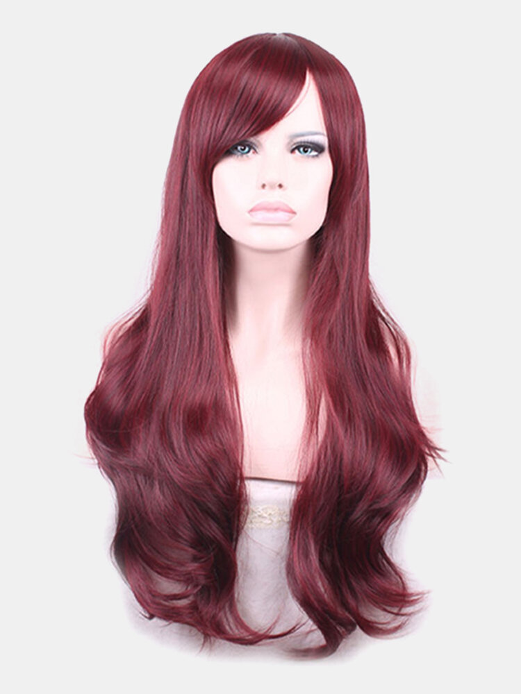 Red Brown Long Wavy Synthetic Wig With Side Bang High Temperature Fiber Cosplay Wigs For Women