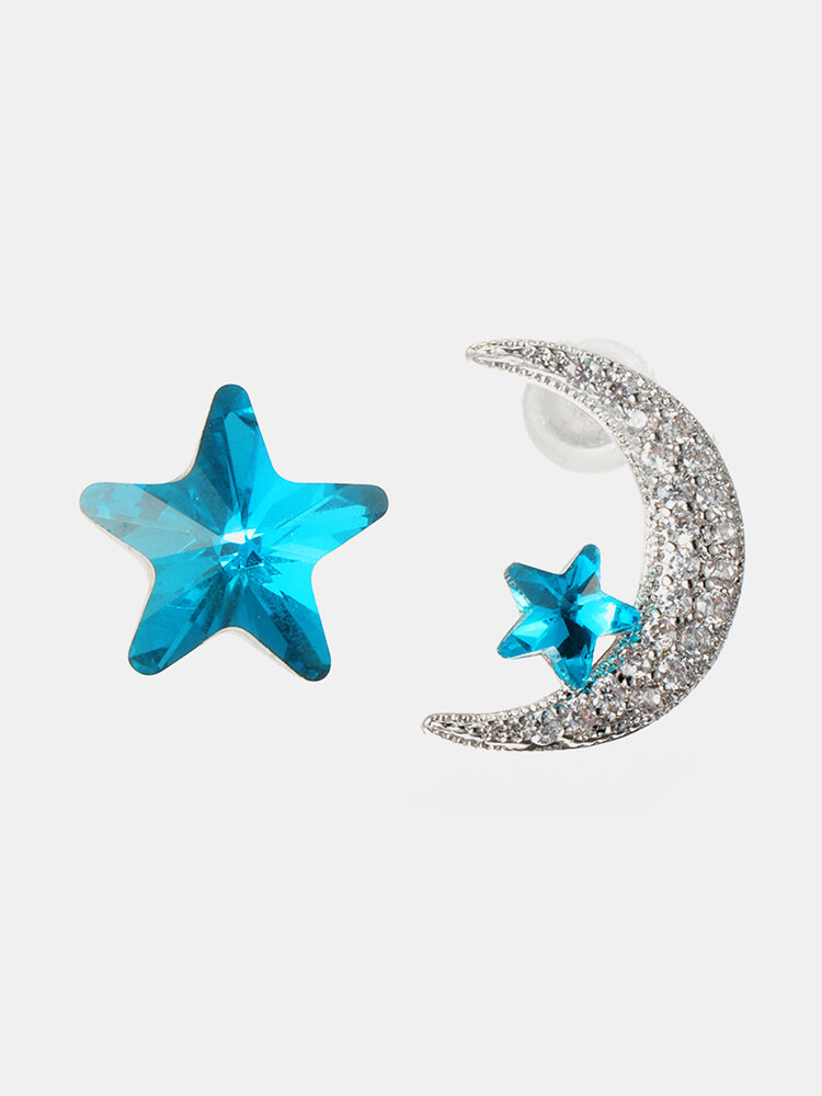 Unique Asymmetric Stud Earrings Luxury Micro Paved Zirconia Crystal Star Moon Piercing Earrings