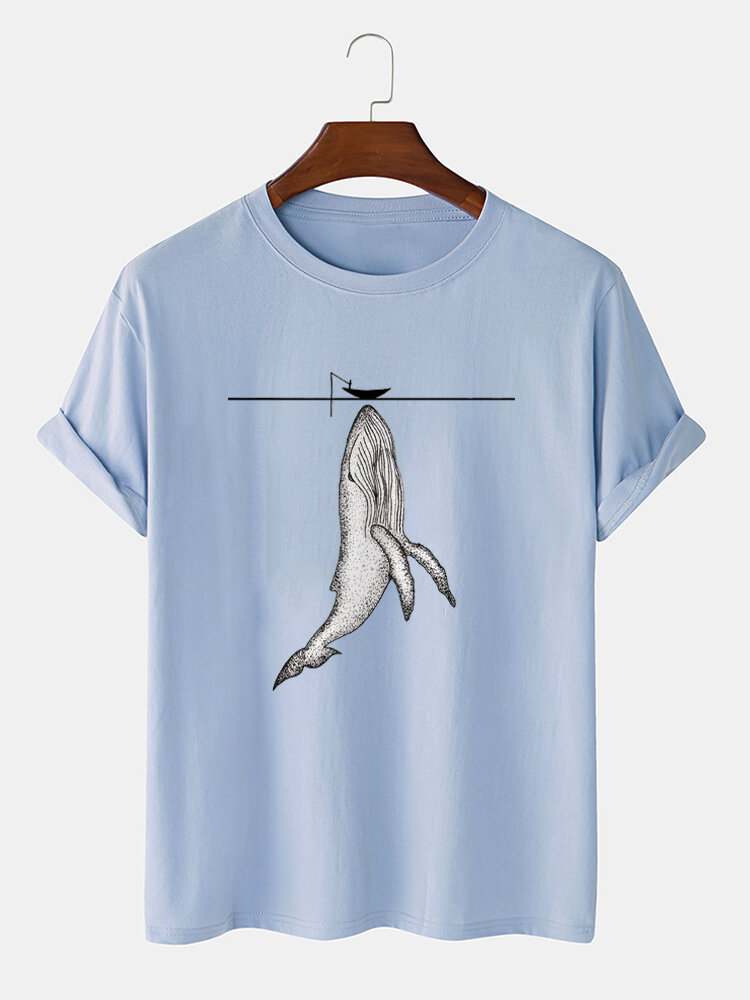 Mens Fishing Shark Graphic Cotton Short Sleeve T-Shirts