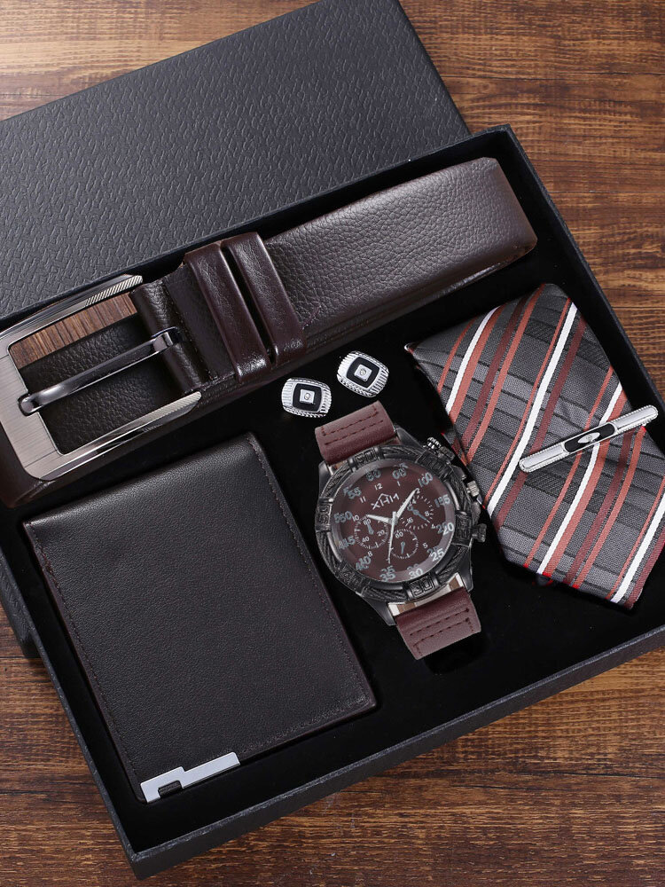 5 Pcs Men Business Watch Set Leather Quartz Watch Belt Wallet Cufflinks Random Tie Gift Kit