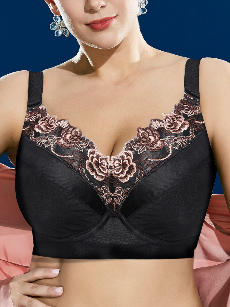 

Women Embroidery Lace Full Coverage Gather Thin Breathable Bras, Black;grey;pink;nude