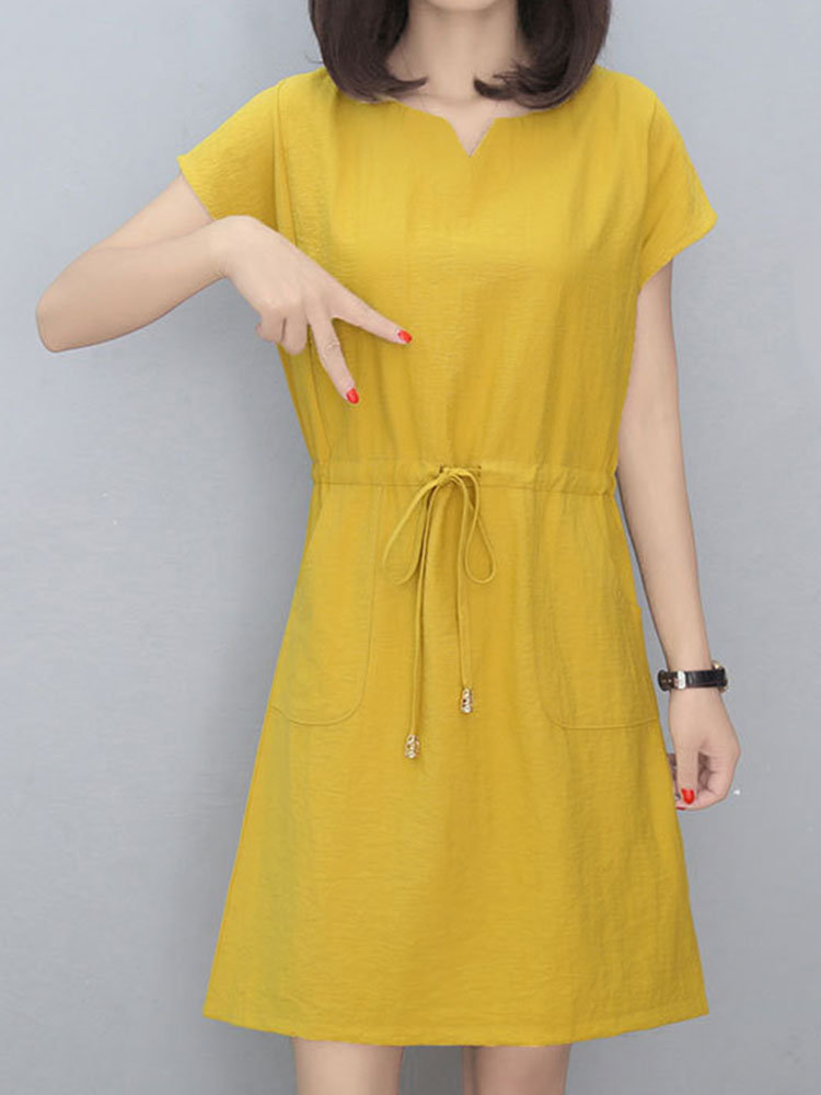 Slimming Cotton Elastic Waist Short Sleeve Mini Dress 
