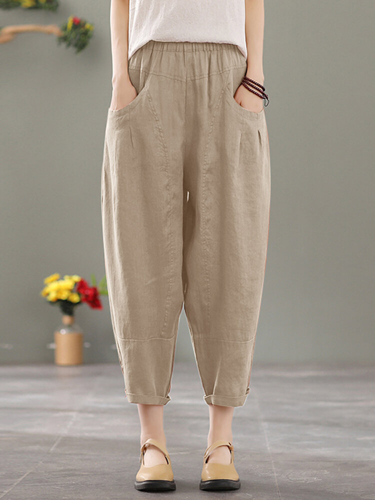 Solid Pocket Casual Tapered Pants For Women