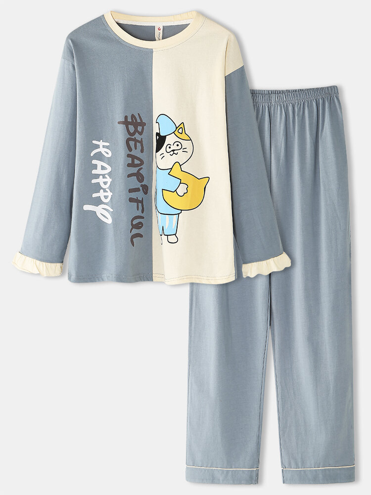 Women 100% Cotton Contrast Color Cartoon Round Neck Casual Home Pajamas Set