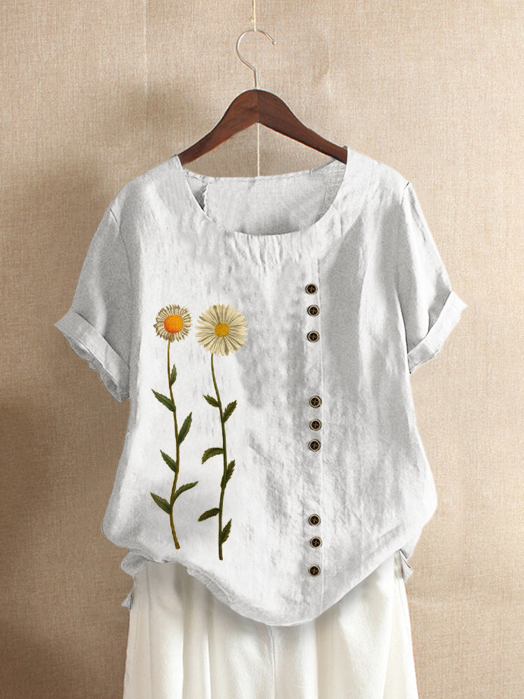 Floral Printed Short Sleeve O-Neck T-shirt For Women