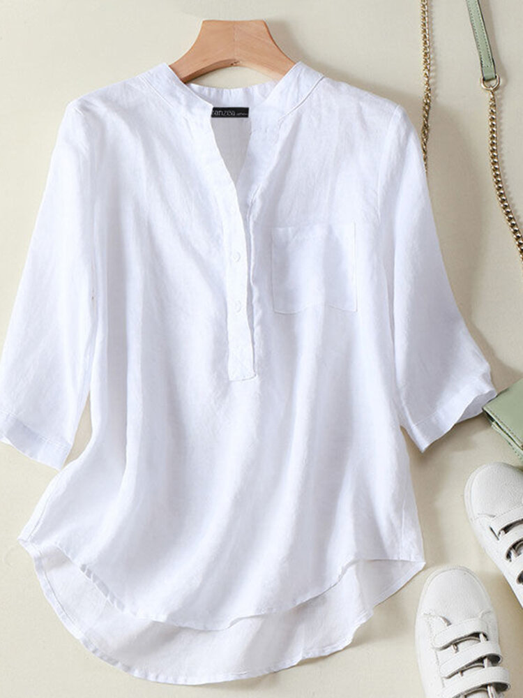 Women Solid Stand Collar Half Button Cotton 3/4 Sleeve Blouse