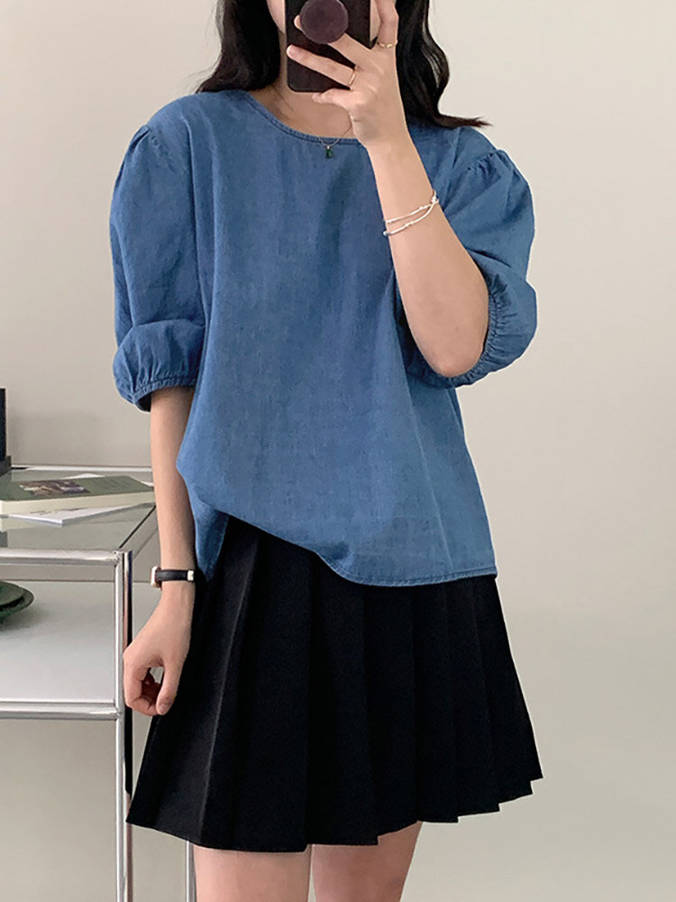 Solid Puff Sleeve Denim Crew Neck Casual Blouse