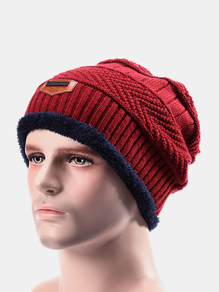 Male Knitted Slouch Beanie Hat Lining Plush Double Layers Winter Warm Ski Outdoor Cap
