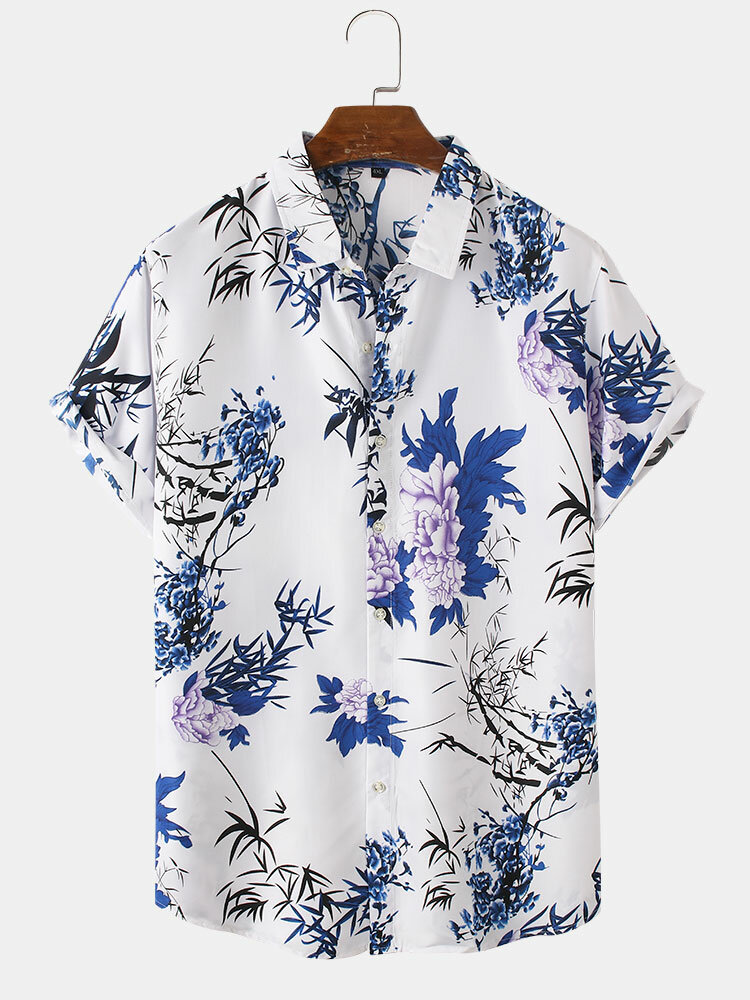 Mens Floral Print Short Sleeve Holiday Curved Hem Shirt