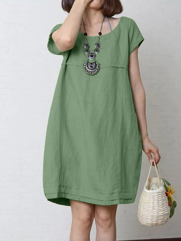 Solid Seam Detail Crew Neck Casual Short Sleeve Dress