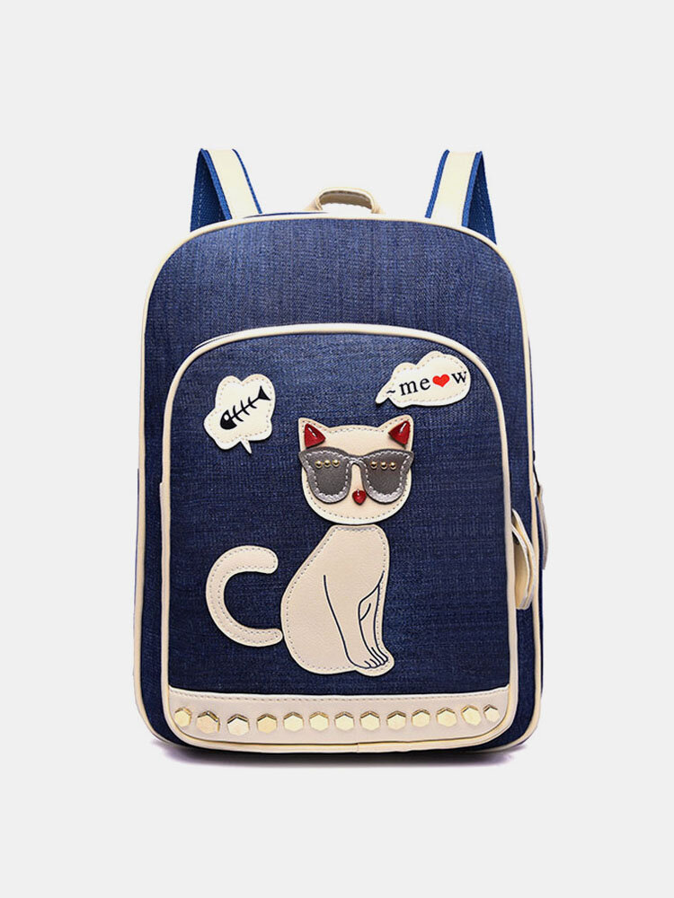 Women Canvas Cute Cat Print Patchwork Casual Backpack School Bag